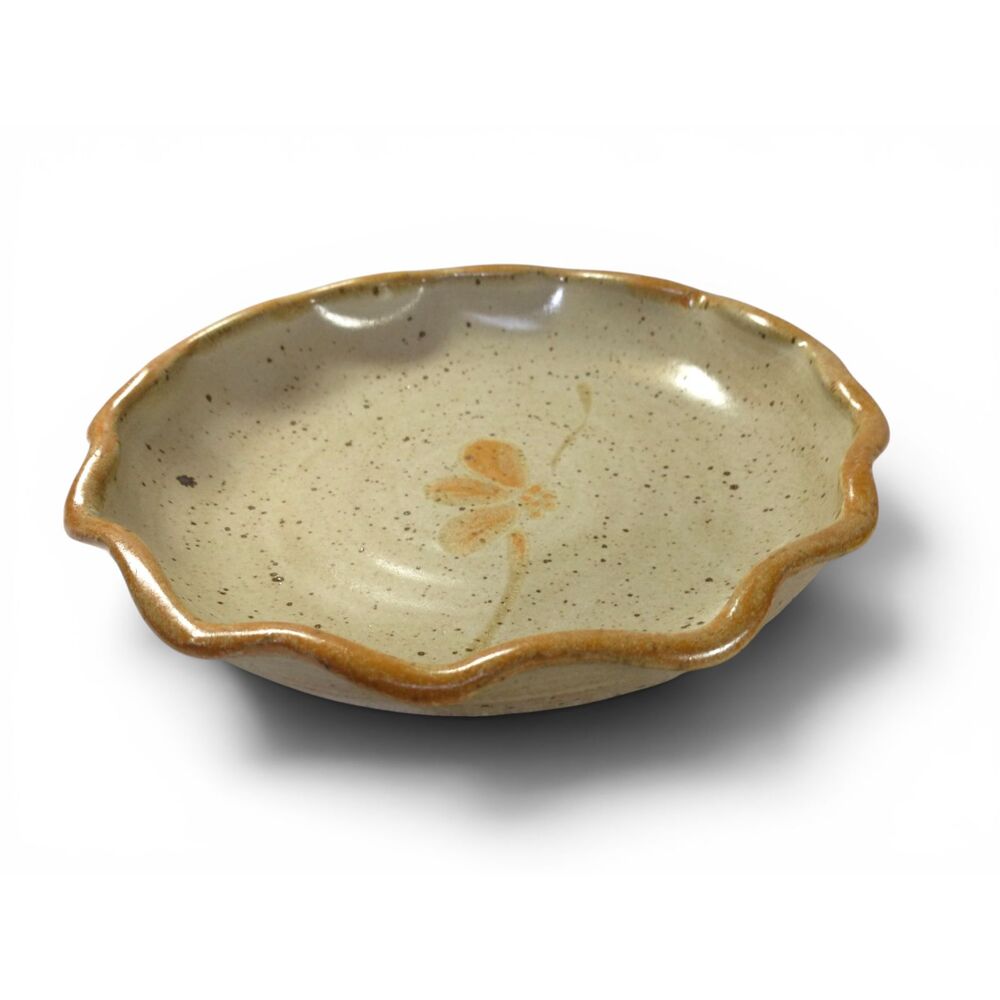 Handmade Studio Pottery Pie Quiche Dish Scalloped Stoneware 9.25" Floral